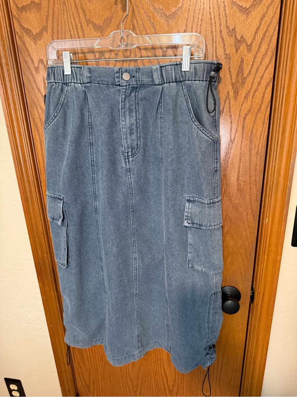 Easel Washed Blue Denim Cargo Midi Skirt